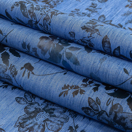 Bright Blue and Gray Foiled Flowers Striated Stretch Cotton Woven