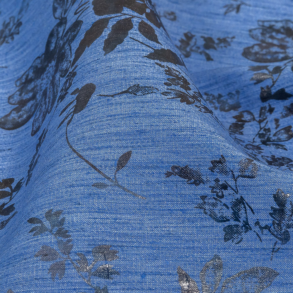 Bright Blue and Gray Foiled Flowers Striated Stretch Cotton Woven