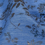 Bright Blue and Gray Foiled Flowers Striated Stretch Cotton Woven