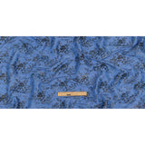 Bright Blue and Gray Foiled Flowers Striated Stretch Cotton Woven