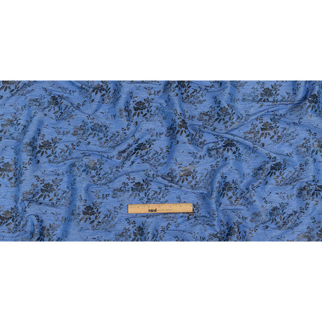 Bright Blue and Gray Foiled Flowers Striated Stretch Cotton Woven