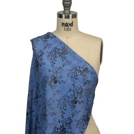 Bright Blue and Gray Foiled Flowers Striated Stretch Cotton Woven