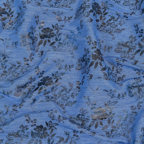 Bright Blue and Gray Foiled Flowers Striated Stretch Cotton Woven