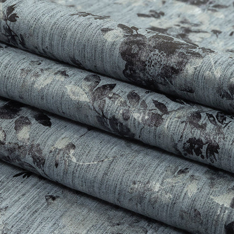 Steel Blue, Silver and Gunmetal Foiled Flowers Striated Stretch Cotton Woven