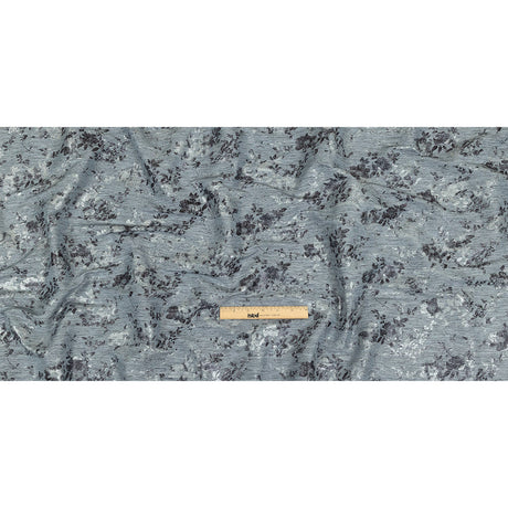 Steel Blue, Silver and Gunmetal Foiled Flowers Striated Stretch Cotton Woven