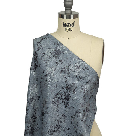 Steel Blue, Silver and Gunmetal Foiled Flowers Striated Stretch Cotton Woven