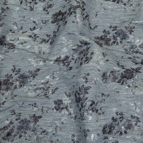 Steel Blue, Silver and Gunmetal Foiled Flowers Striated Stretch Cotton Woven