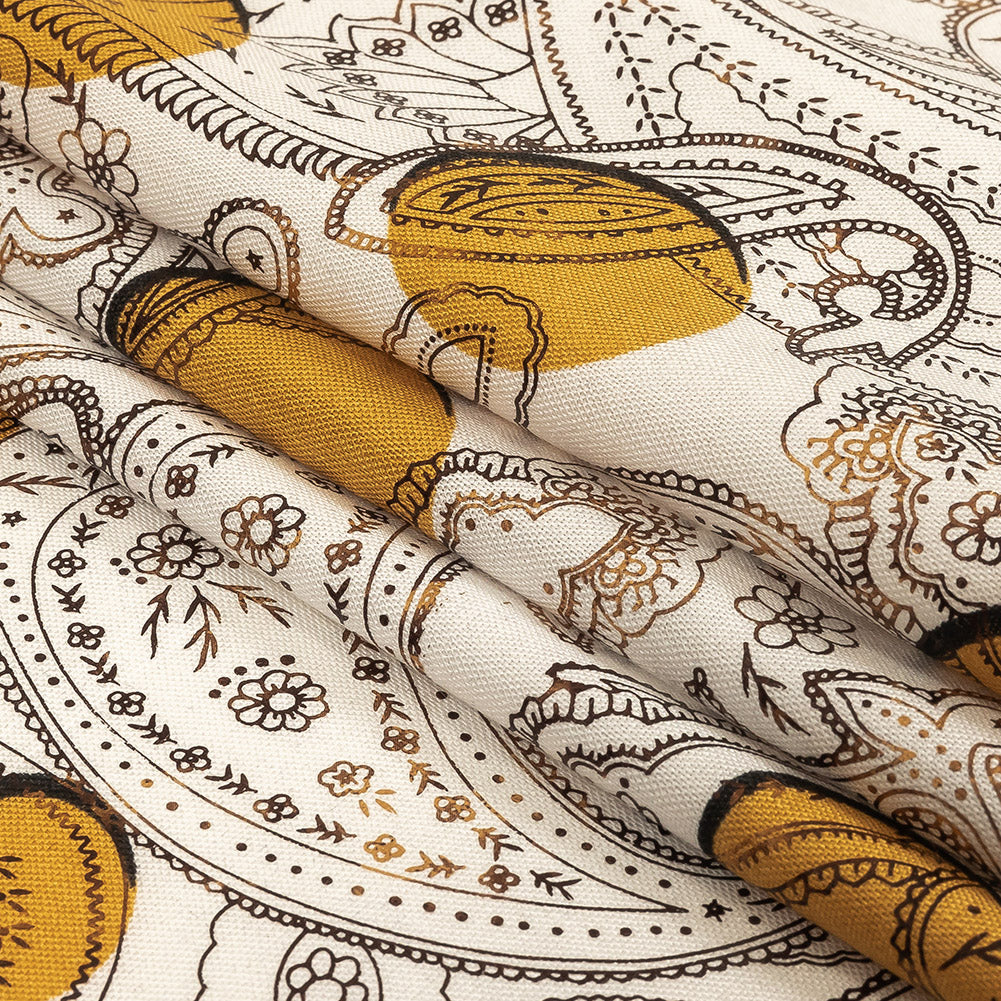 Honey Gold, Brown and White Foiled Paisley on Polka Dot Printed Viscose Woven