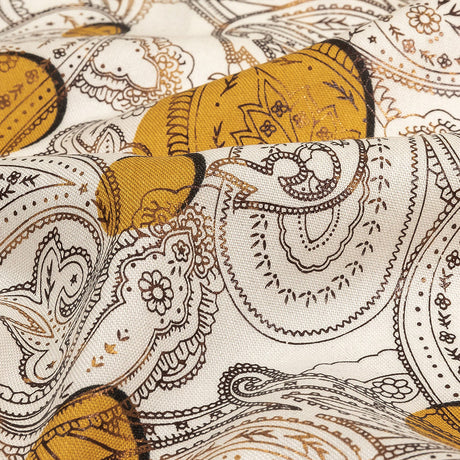 Honey Gold, Brown and White Foiled Paisley on Polka Dot Printed Viscose Woven