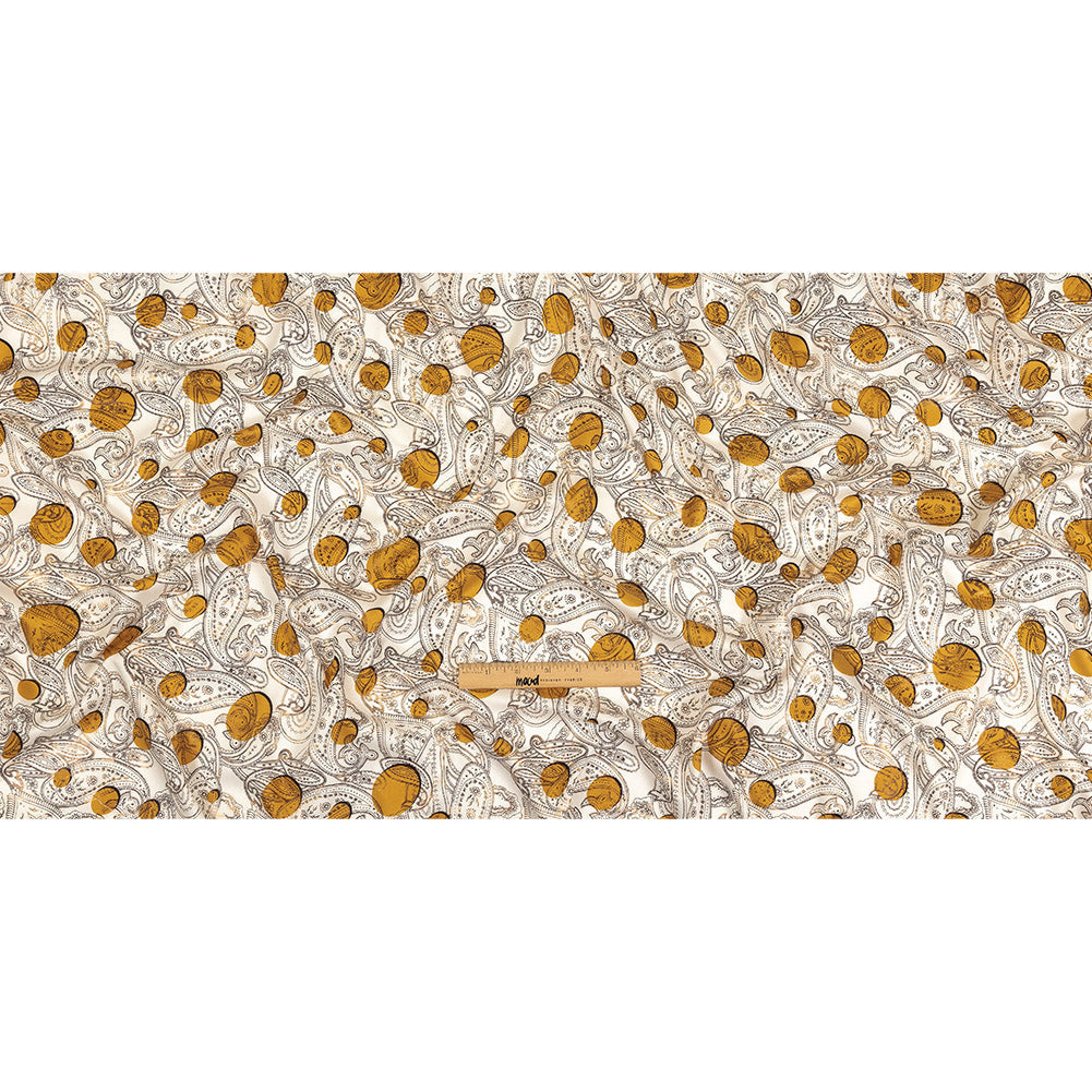 Honey Gold, Brown and White Foiled Paisley on Polka Dot Printed Viscose Woven