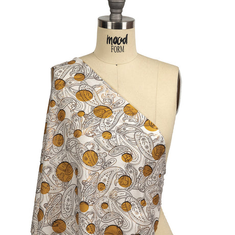 Honey Gold, Brown and White Foiled Paisley on Polka Dot Printed Viscose Woven
