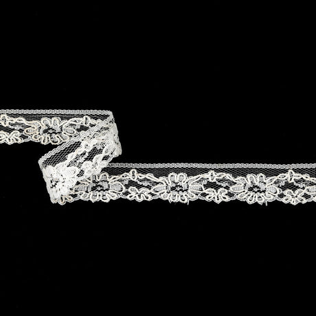 White Floral Corded Lace Trim - 1.125"