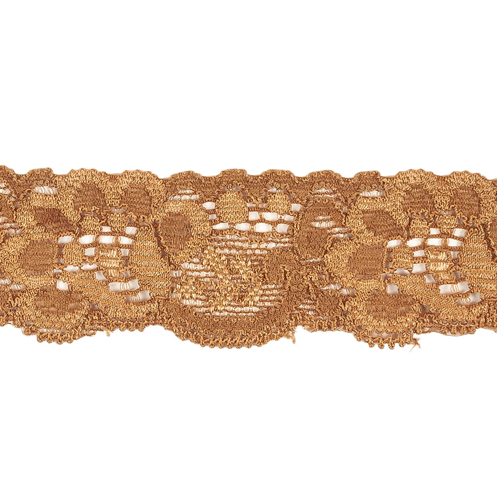 Golden Brown Floral Stretch Lace Trim - 1.25"