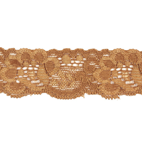 Golden Brown Floral Stretch Lace Trim - 1.25"