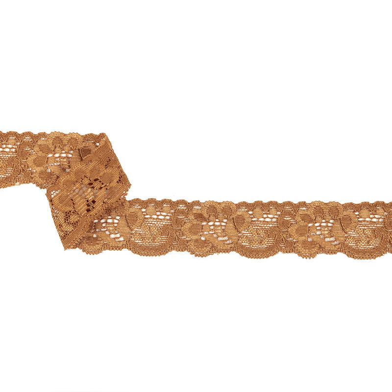 Golden Brown Floral Stretch Lace Trim - 1.25"