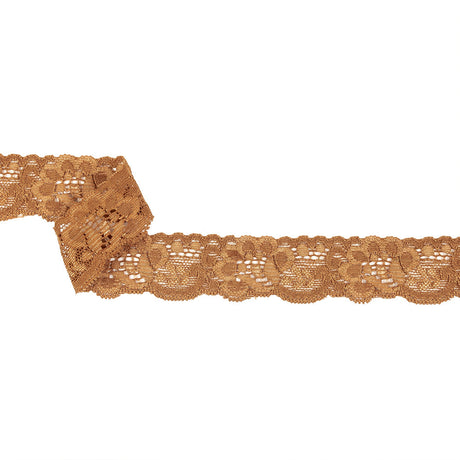 Golden Brown Floral Stretch Lace Trim - 1.25"
