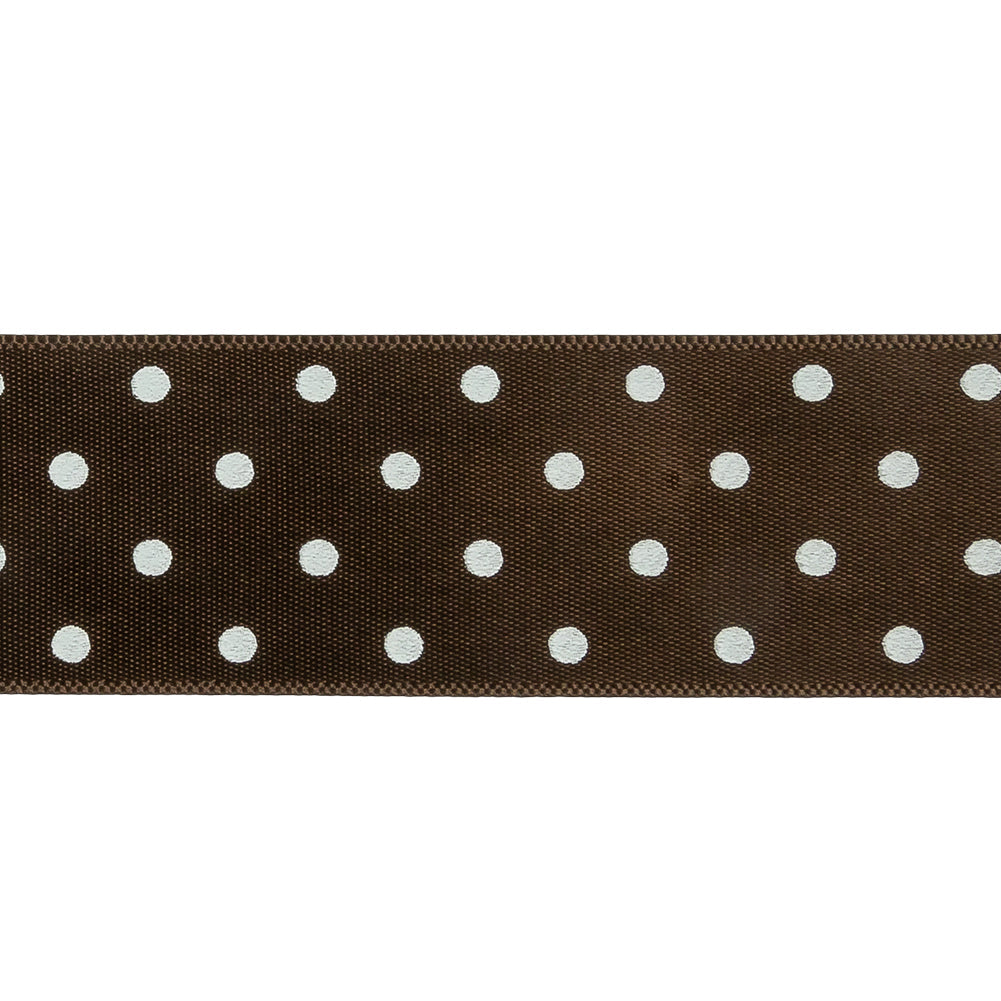Brown and White Polka Dot Satin Ribbon - 1"