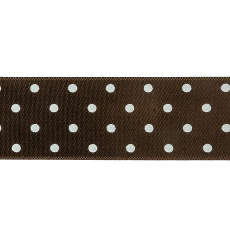 Brown and White Polka Dot Satin Ribbon - 1"