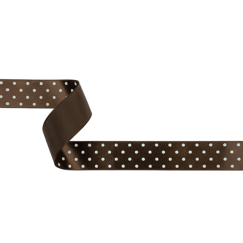 Brown and White Polka Dot Satin Ribbon - 1"