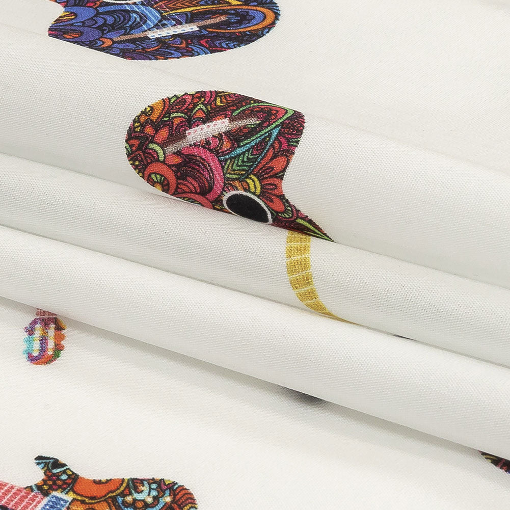 Blanc de Blanc and Multicolor Decorated Guitars Cotton Shirting