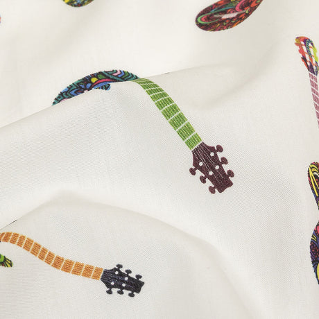 Blanc de Blanc and Multicolor Decorated Guitars Cotton Shirting