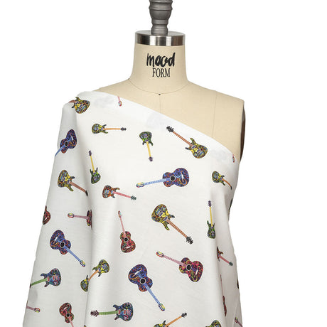 Blanc de Blanc and Multicolor Decorated Guitars Cotton Shirting