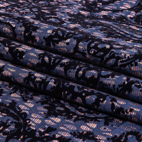 Orange, Purple and Blue Stripes and Teardrops Cotton and Polyester Jacquard with Navy Paisley Flocking