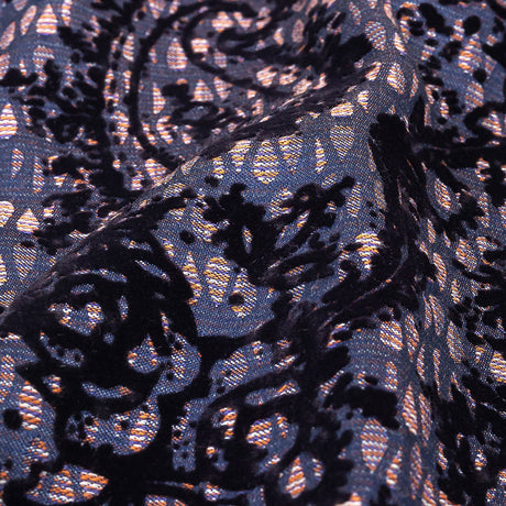 Orange, Purple and Blue Stripes and Teardrops Cotton and Polyester Jacquard with Navy Paisley Flocking