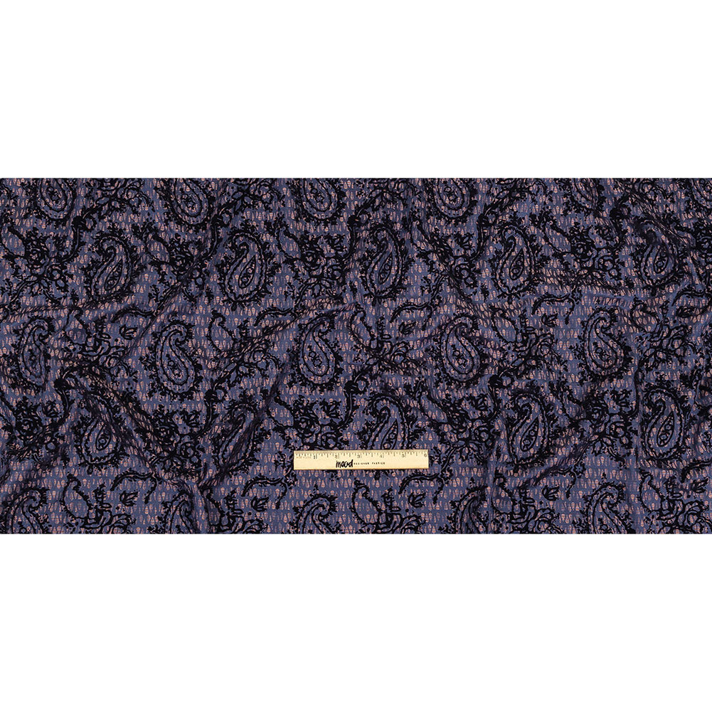 Orange, Purple and Blue Stripes and Teardrops Cotton and Polyester Jacquard with Navy Paisley Flocking