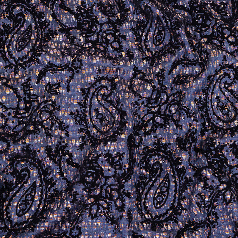 Orange, Purple and Blue Stripes and Teardrops Cotton and Polyester Jacquard with Navy Paisley Flocking