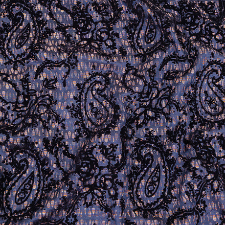 Orange, Purple and Blue Stripes and Teardrops Cotton and Polyester Jacquard with Navy Paisley Flocking