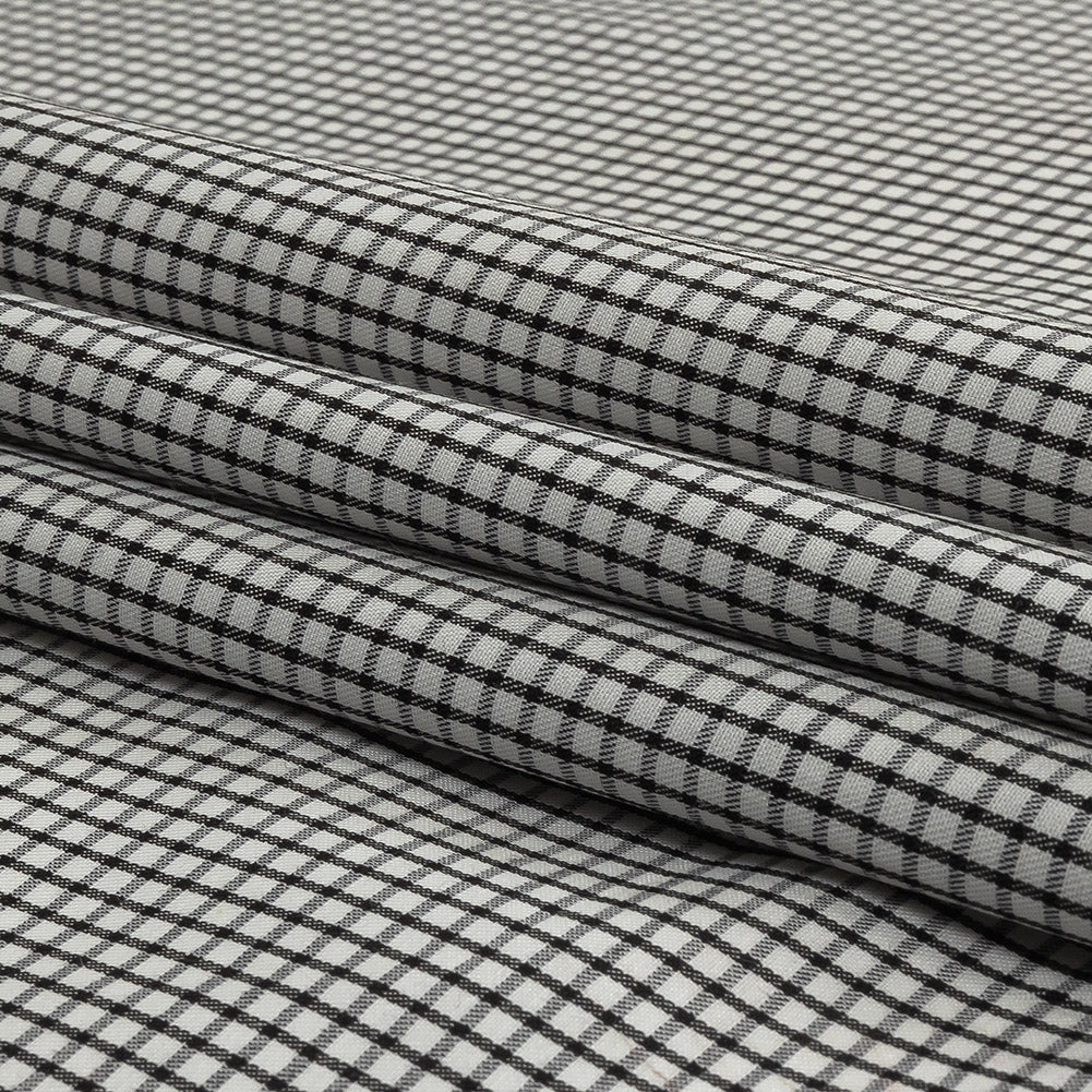 White and Black Checked Cotton and Polyester Twill