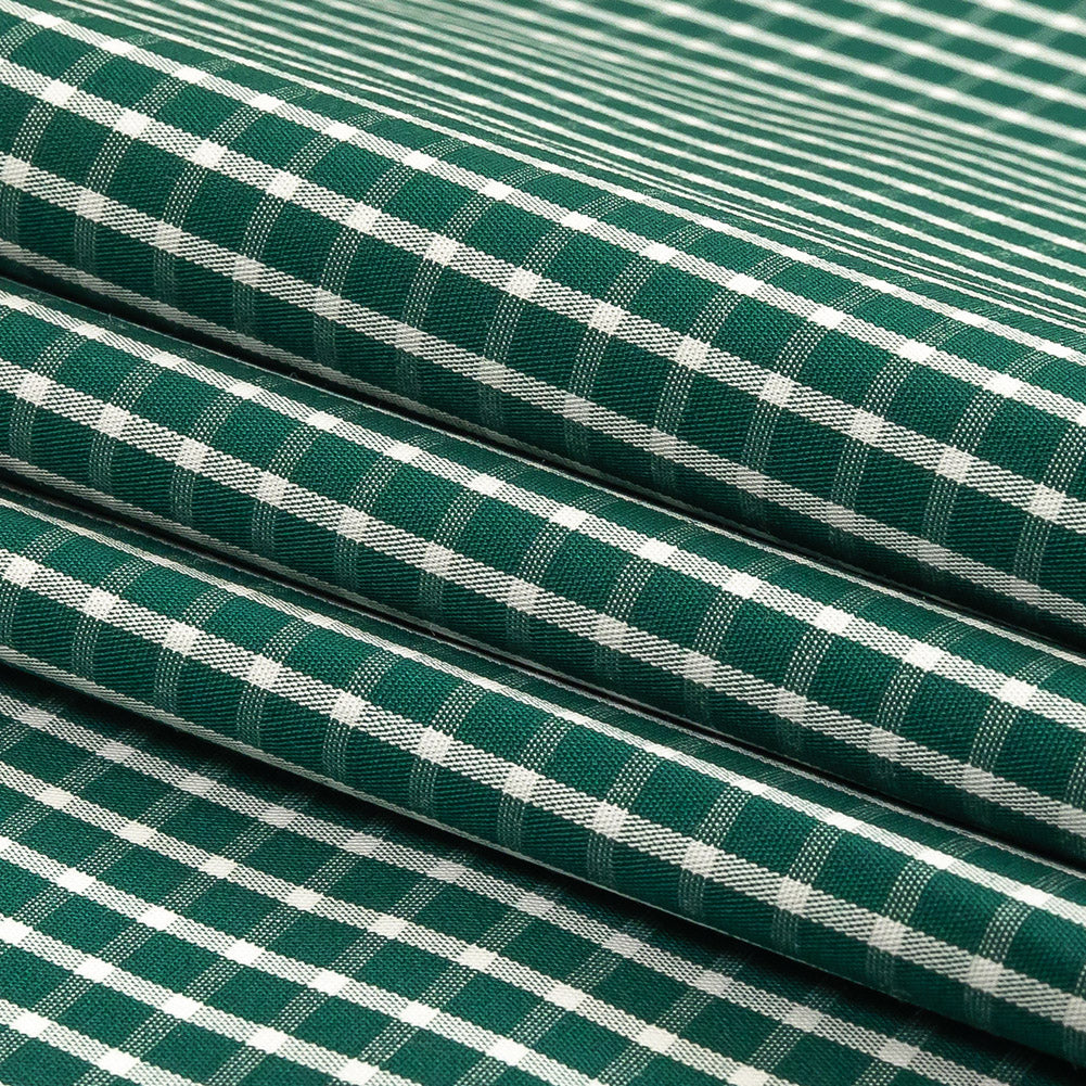 Evergreen and White Checkered Cotton and Polyester Shirting