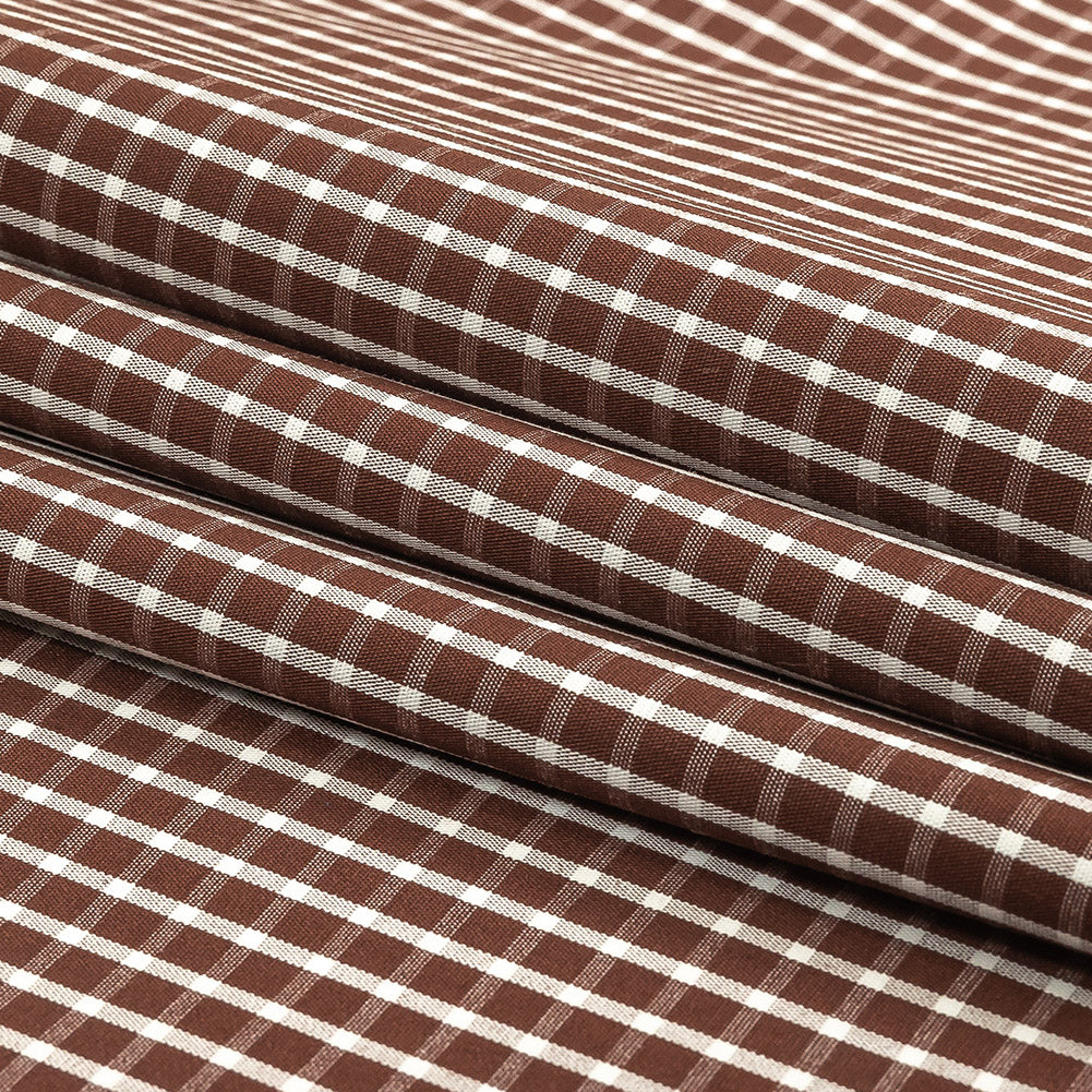 Brown and White Checkered Cotton and Polyester Shirting