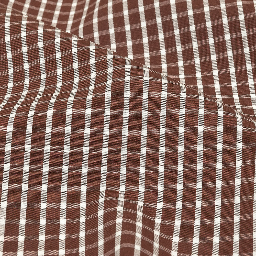 Brown and White Checkered Cotton and Polyester Shirting
