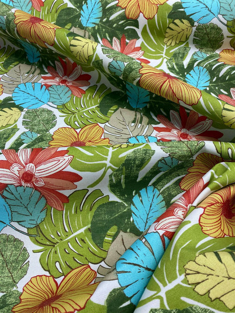 Saldiva Caribbean Polyester Fabric - Ivory, Green, Red, Light Green, Dark Green, Teal Blue Floral, 54" Width (1 Yard)