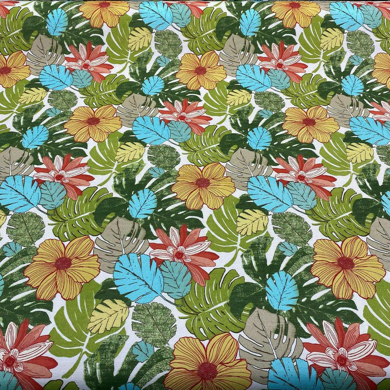 Saldiva Caribbean Polyester Fabric - Ivory, Green, Red, Light Green, Dark Green, Teal Blue Floral, 54" Width (1 Yard)