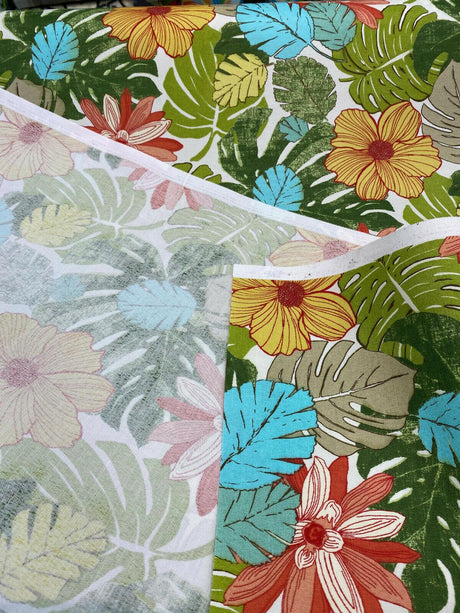 Saldiva Caribbean Polyester Fabric - Ivory, Green, Red, Light Green, Dark Green, Teal Blue Floral, 54" Width (1 Yard)