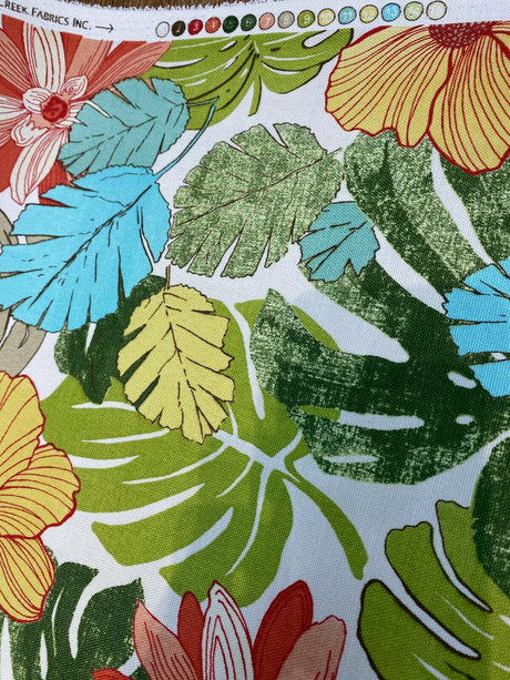 Saldiva Caribbean Polyester Fabric - Ivory, Green, Red, Light Green, Dark Green, Teal Blue Floral, 54" Width (1 Yard)