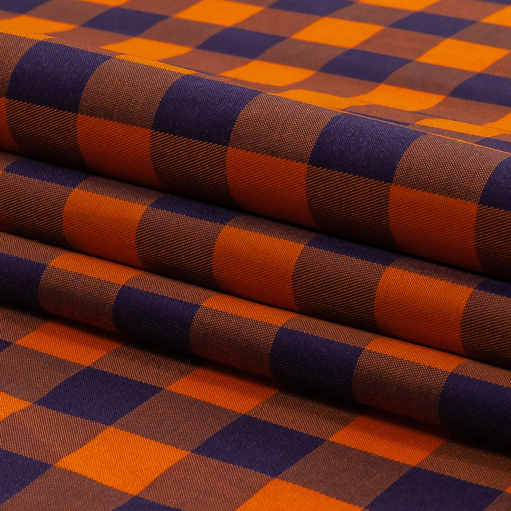 Orange and Navy Checked Cotton and Polyester Shirting