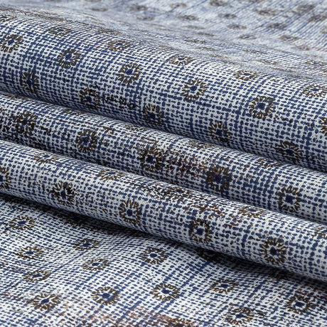 Brown and Blue Flowers and Dots Cotton and Polyester Shirting with Distressed Foil Topcoat