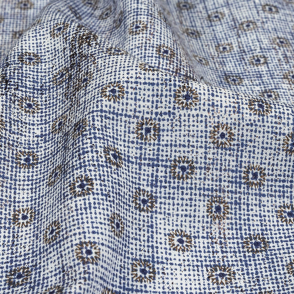 Brown and Blue Flowers and Dots Cotton and Polyester Shirting with Distressed Foil Topcoat