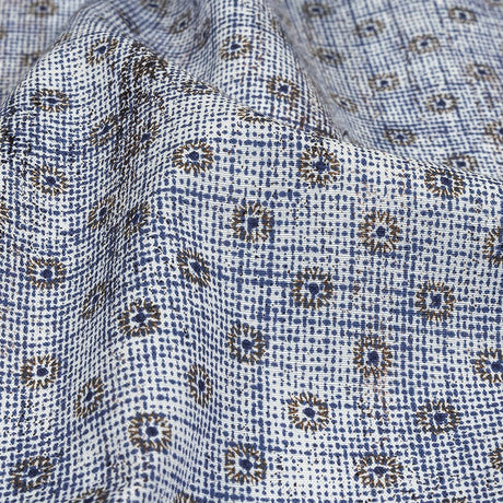 Brown and Blue Flowers and Dots Cotton and Polyester Shirting with Distressed Foil Topcoat