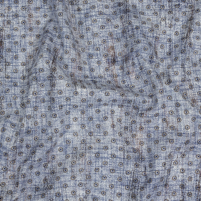 Brown and Blue Flowers and Dots Cotton and Polyester Shirting with Distressed Foil Topcoat