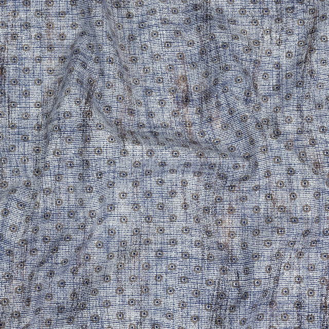 Brown and Blue Flowers and Dots Cotton and Polyester Shirting with Distressed Foil Topcoat