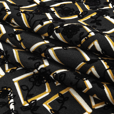 Black, White and Spruce Yellow Flocked Florals on Tossed Squares Printed Viscose Woven