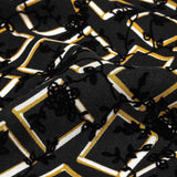 Black, White and Spruce Yellow Flocked Florals on Tossed Squares Printed Viscose Woven