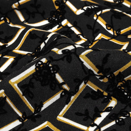 Black, White and Spruce Yellow Flocked Florals on Tossed Squares Printed Viscose Woven