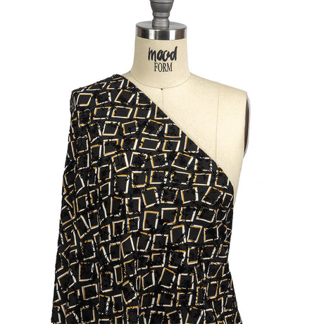 Black, White and Spruce Yellow Flocked Florals on Tossed Squares Printed Viscose Woven