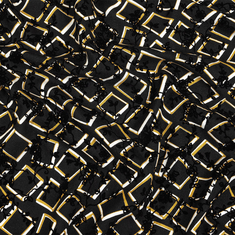 Black, White and Spruce Yellow Flocked Florals on Tossed Squares Printed Viscose Woven